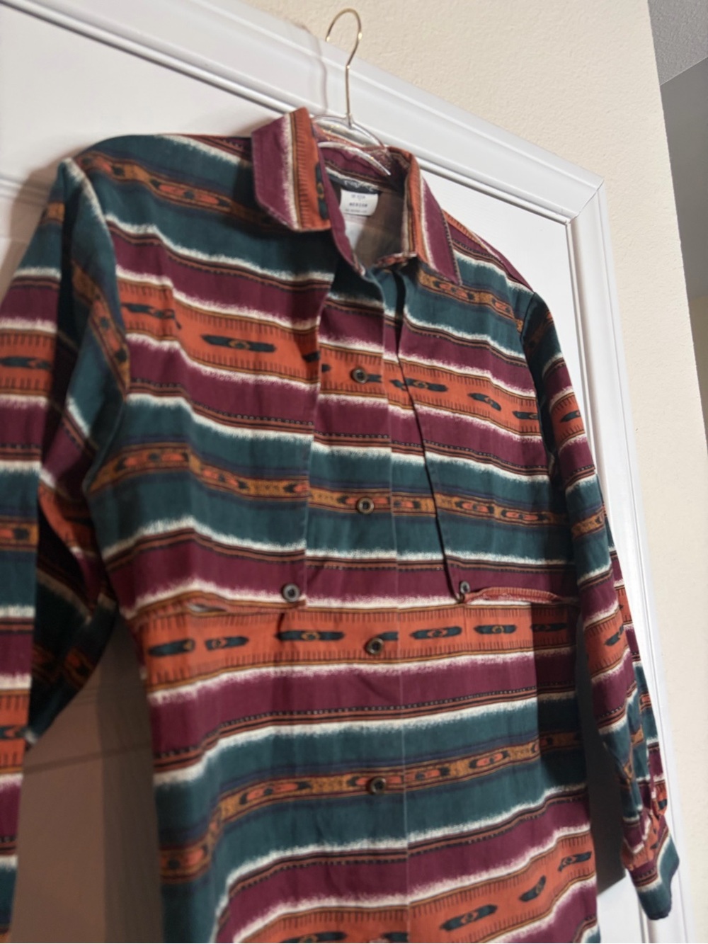 VINTAGE ROPER Striped Aztec Button-Up Shirt in Teal, Rust & Burgundy MED